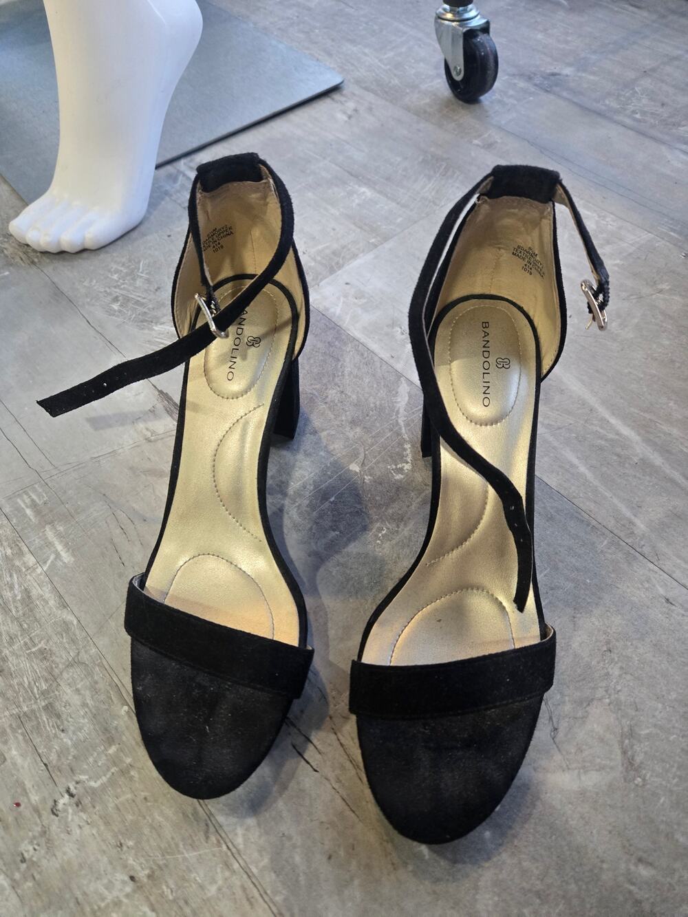Bandolino Black Suede Armory Block Dress Sandal Heels w/ Ankle Strap | 6.5